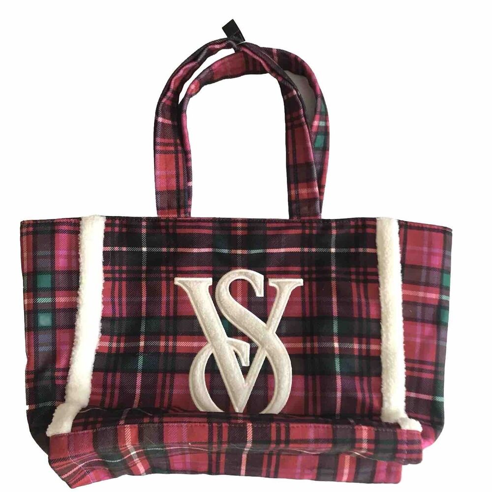 NWT Victoria's Secret Tote bag Tartan Plaid Fleece Trim Large Logo Holiday Xmas